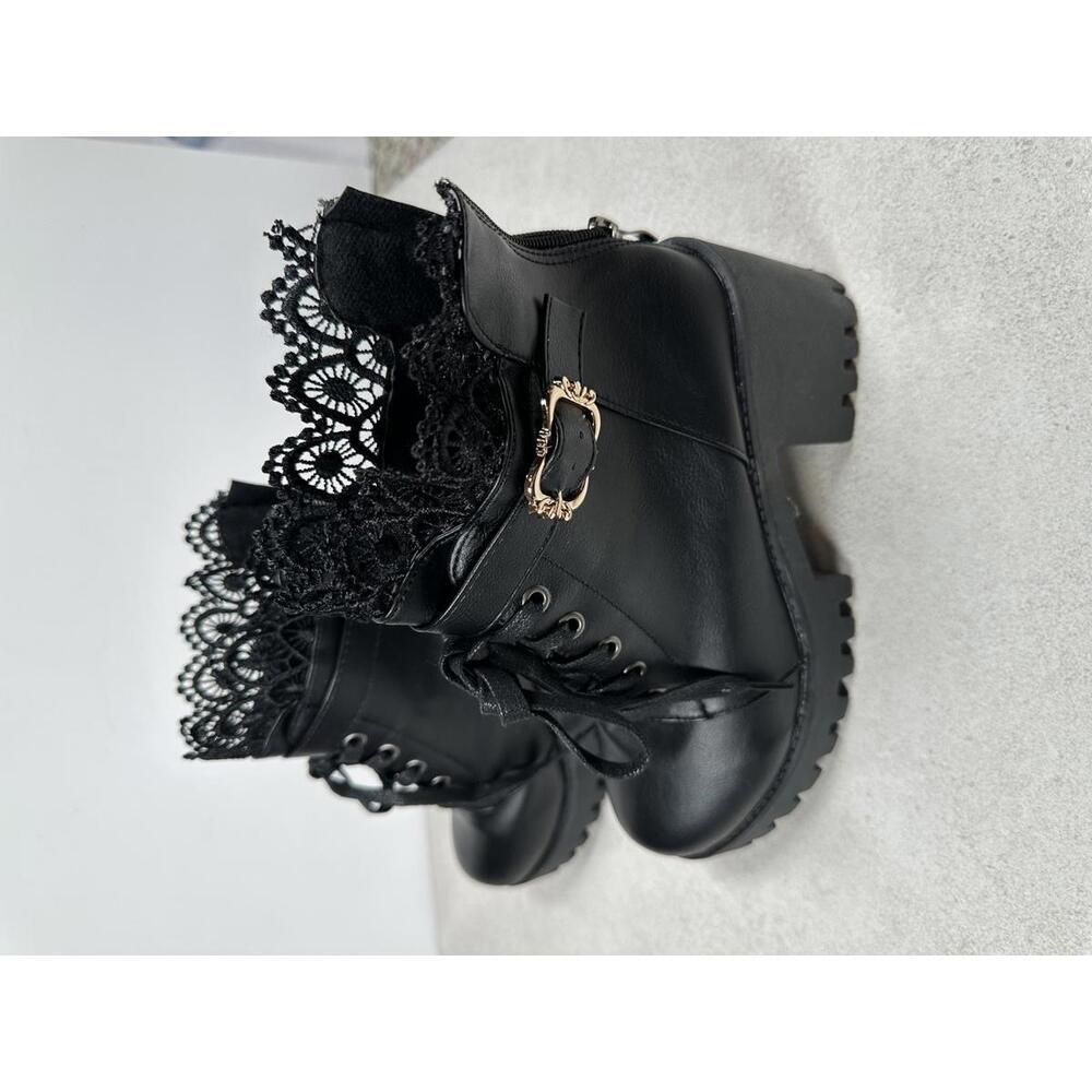 Black Lace Trim Heeled Combat Boots Goth Punk Grunge Alt Platform Chunky Sz 41 - Picture 3 of 7
